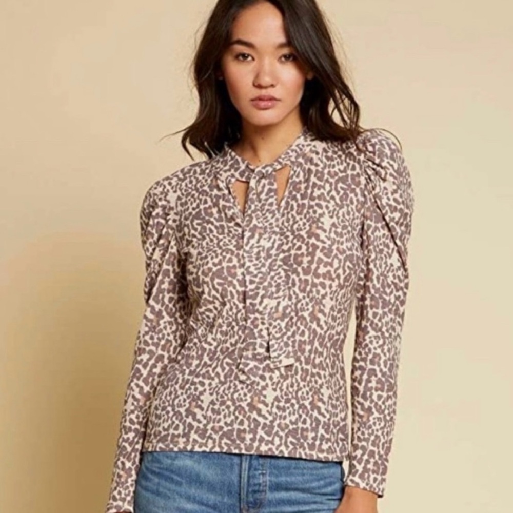 Nation LTD Evette Animal Print Tie-Neck Puff Sleeve Top Antique Leopard Flaw